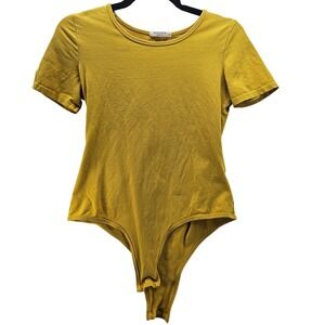 Mangopop Collection Mustard Yellow Short Sleeve Thong‎ Bodysuit Women's Size M